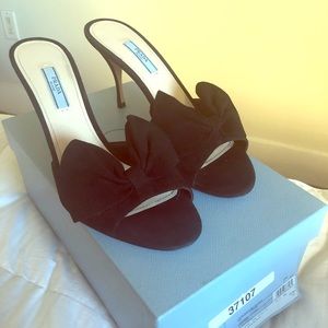 Prada black suede bow heels
